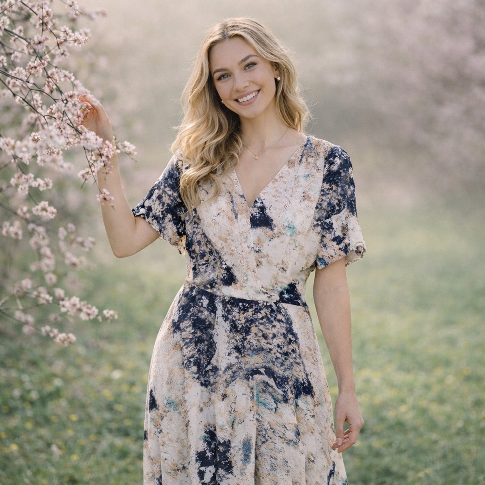 The Limited Women 22W Abstract Marble Print V-Neck Short Sleeve Midi Dress Navy